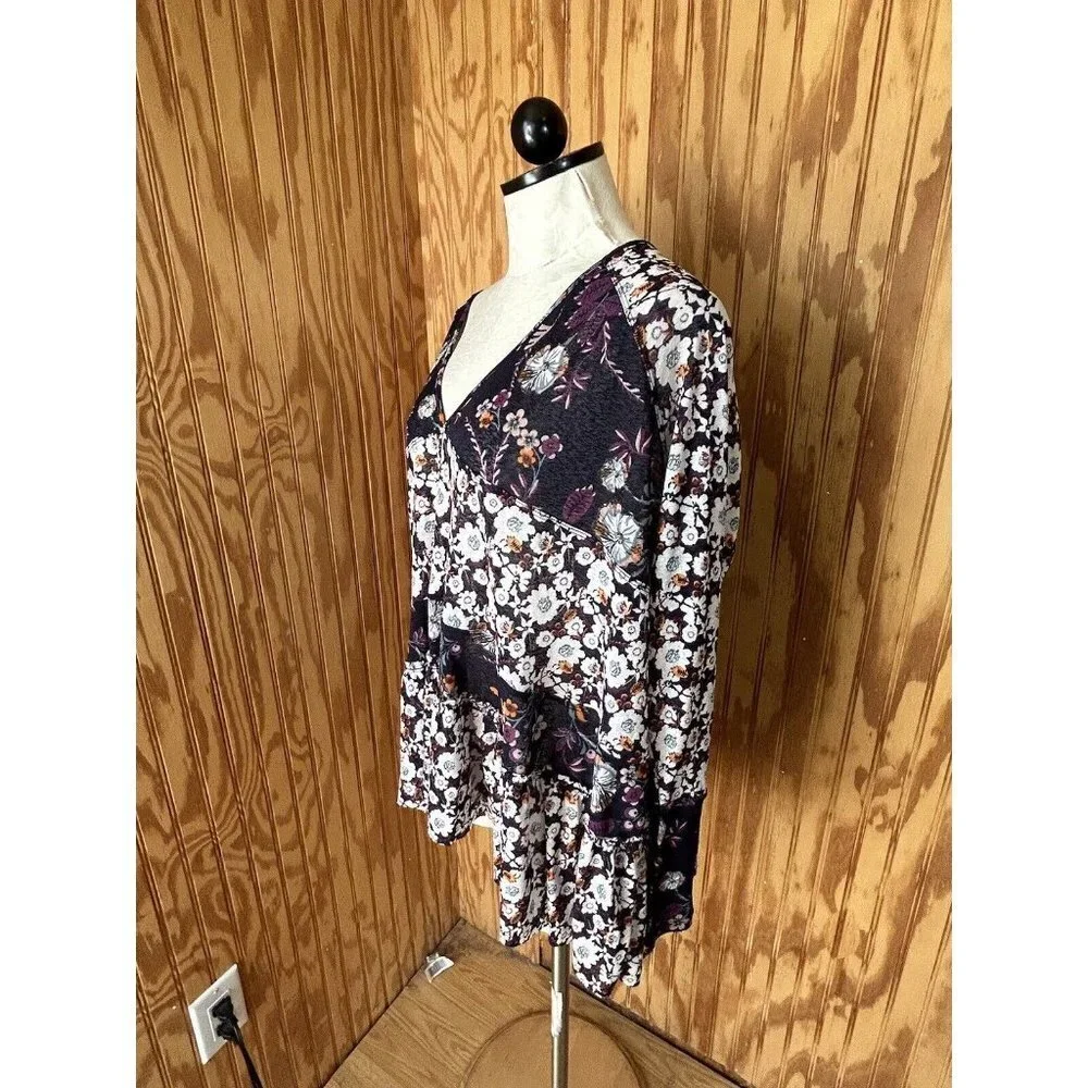 Free People Babydoll Floral Blue/Purple Oversize‎ Stretch Blouse XS  Long Sleeve
